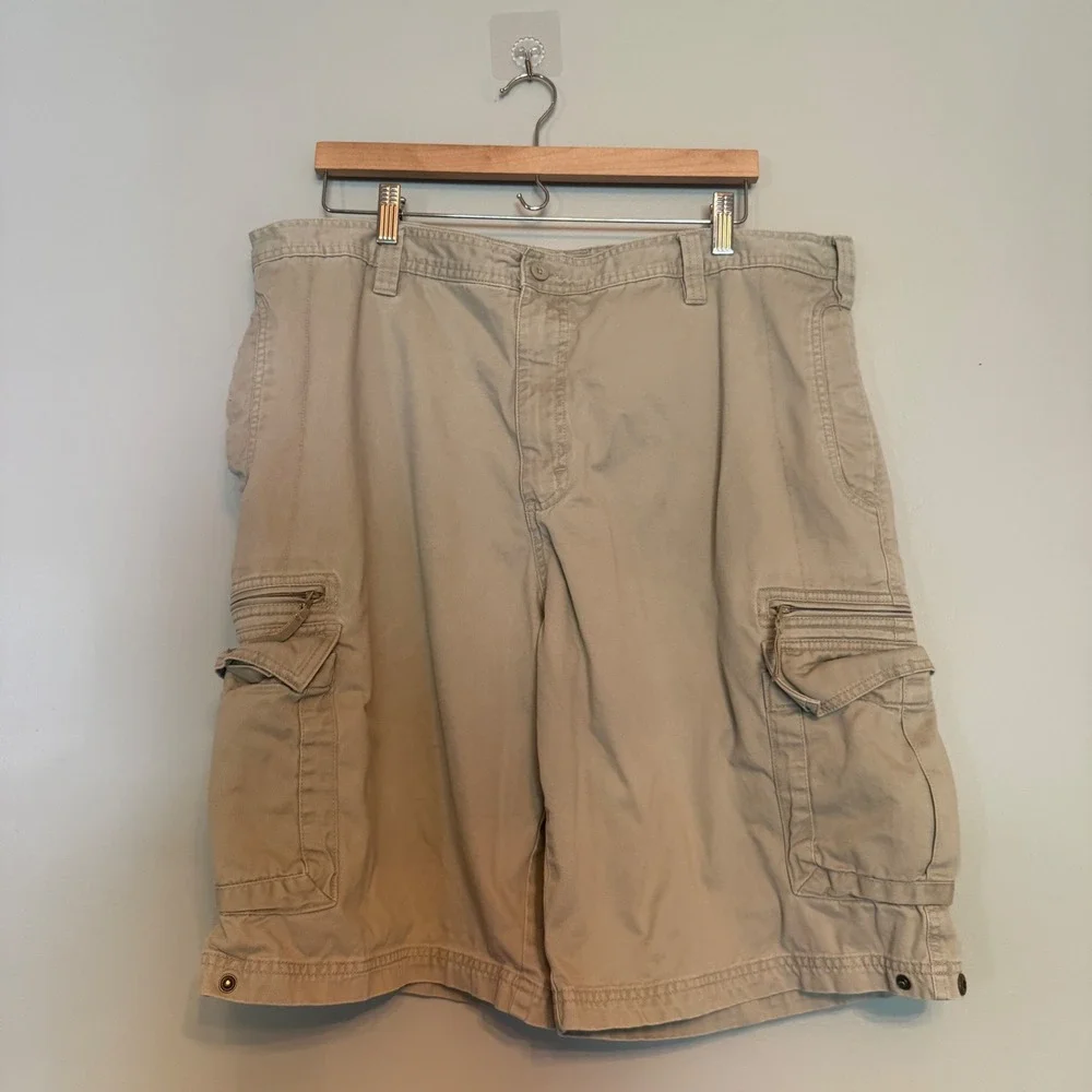 Y2K Lee Dungarees Mens Khaki Cotton Twill Cargo Shorts Relaxed Fit Tan Size 38
